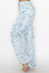 40663 High Rise Straight Leg Acid Washed Jeans W/ Frayed Outer Layer Contrast