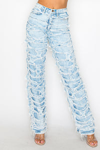 40663 High Rise Straight Leg Acid Washed Jeans W/ Frayed Outer Layer Contrast