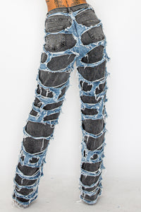 40663 High Rise Straight Leg Acid Washed Jeans W/ Frayed Outer Layer Contrast