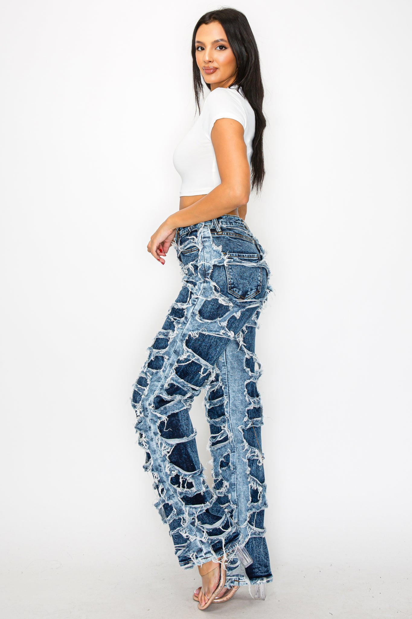 40663 High Rise Straight Leg Acid Washed Jeans W/ Frayed Outer Layer Contrast