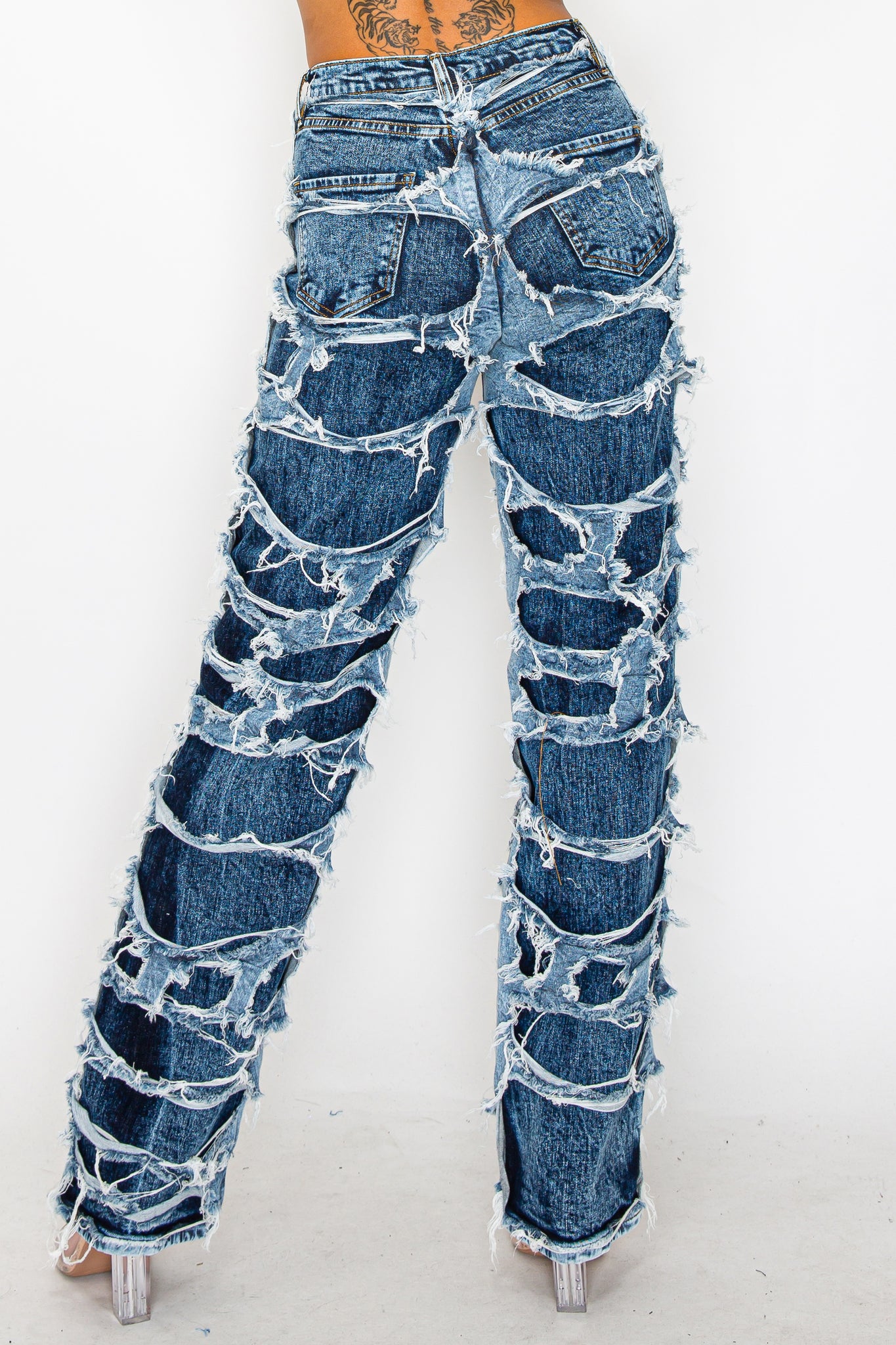 40663 High Rise Straight Leg Acid Washed Jeans W/ Frayed Outer Layer Contrast