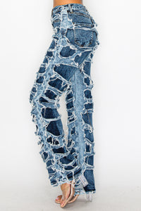 40663 High Rise Straight Leg Acid Washed Jeans W/ Frayed Outer Layer Contrast