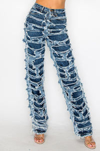 40663 High Rise Straight Leg Acid Washed Jeans W/ Frayed Outer Layer Contrast