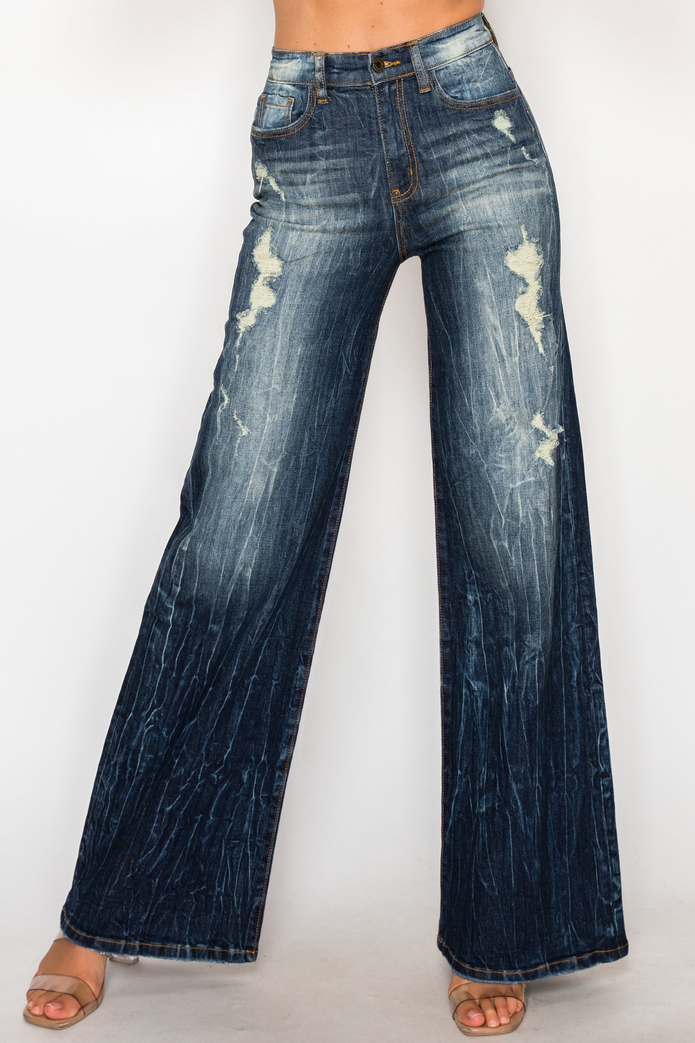 40664 High Rise Flare Jeans W/ Upper Leg Hand Sanding