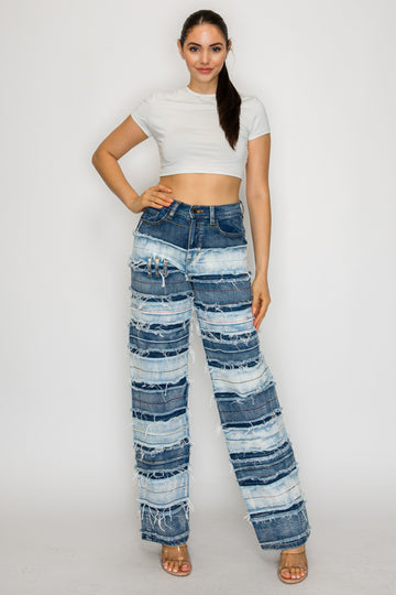 40667 High Rise Straight Leg Prayed Banded Panel Jeans