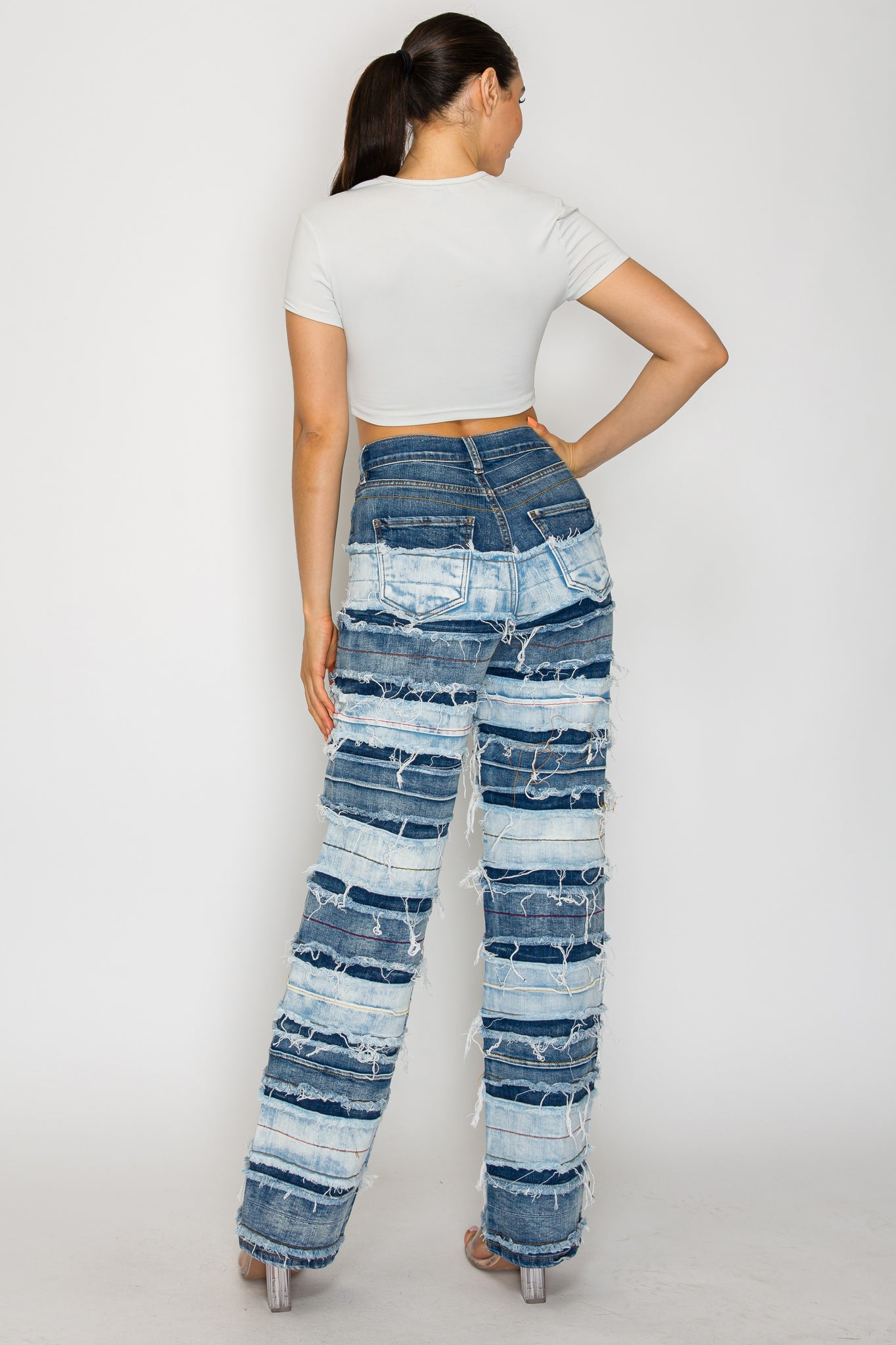 40667 High Rise Straight Leg Prayed Banded Panel Jeans