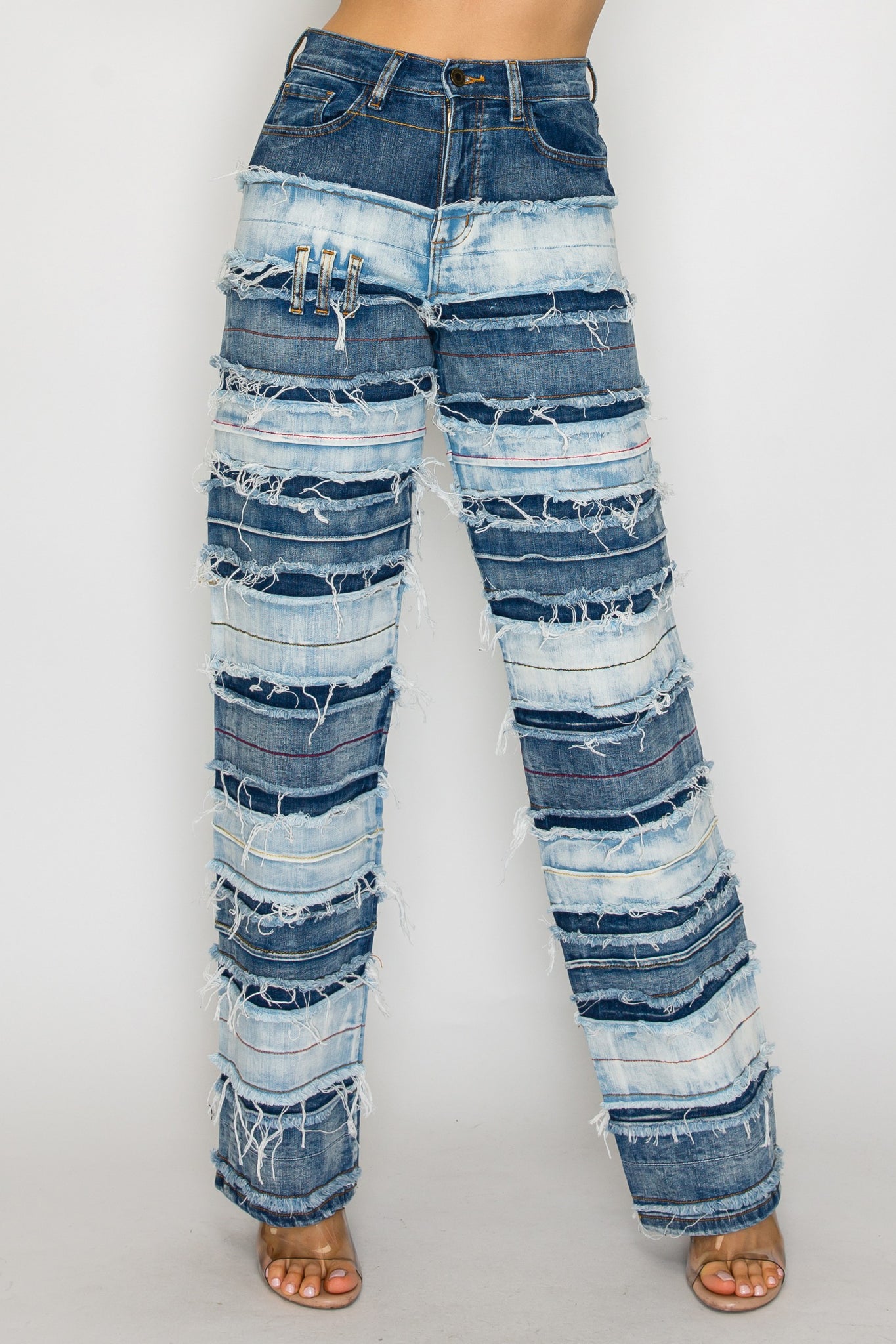 40667 High Rise Straight Leg Prayed Banded Panel Jeans