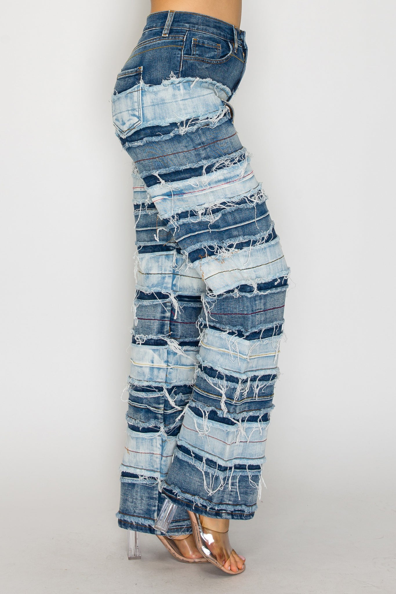 40667 High Rise Straight Leg Prayed Banded Panel Jeans