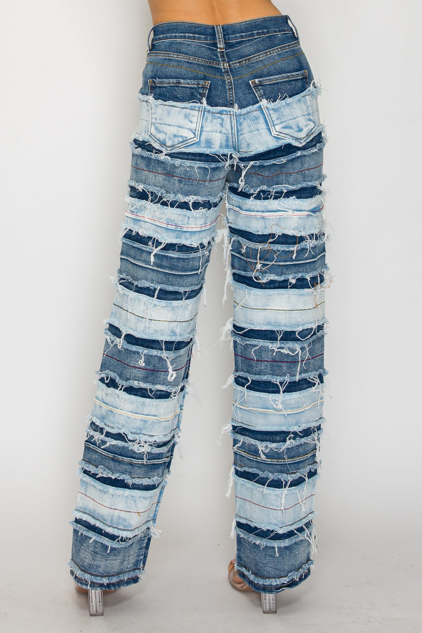 40667 High Rise Straight Leg Prayed Banded Panel Jeans