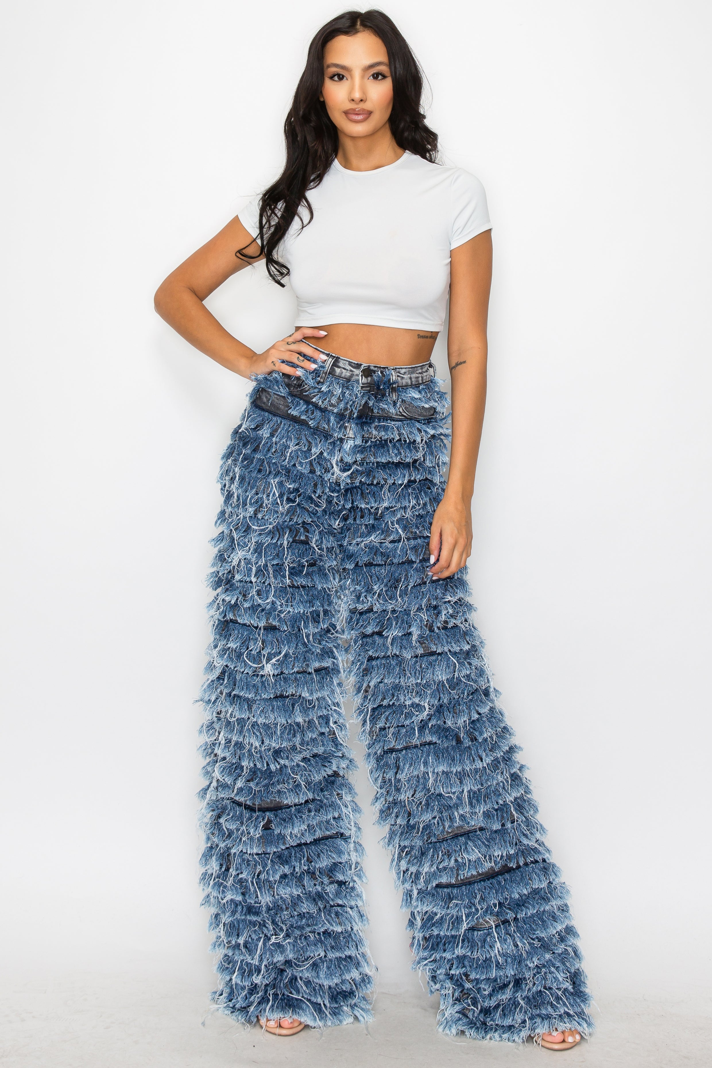 40714 High Rise Fringed Jeans W/ Contrasting Layers