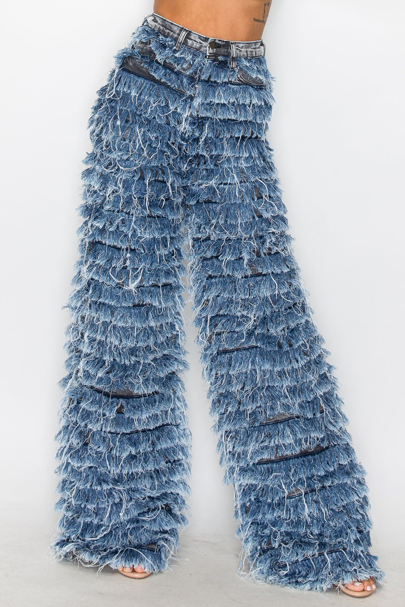 40714 High Rise Fringed Jeans W/ Contrasting Layers