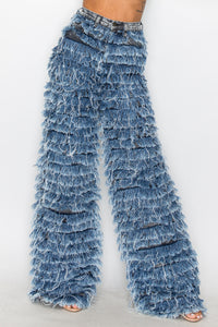 40714 High Rise Fringed Jeans W/ Contrasting Layers