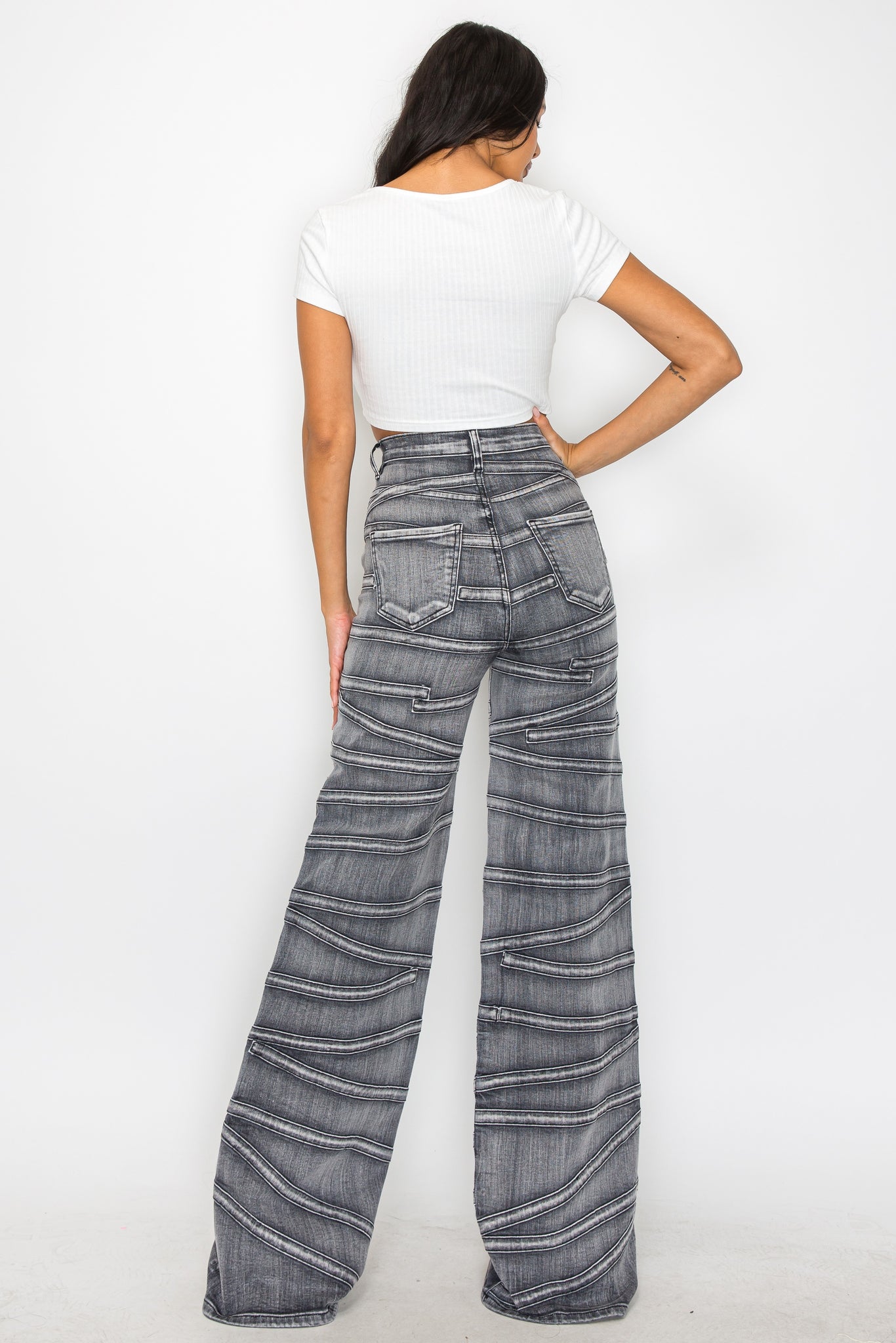 40716 High Rise Strap Illusion Flare Jeans