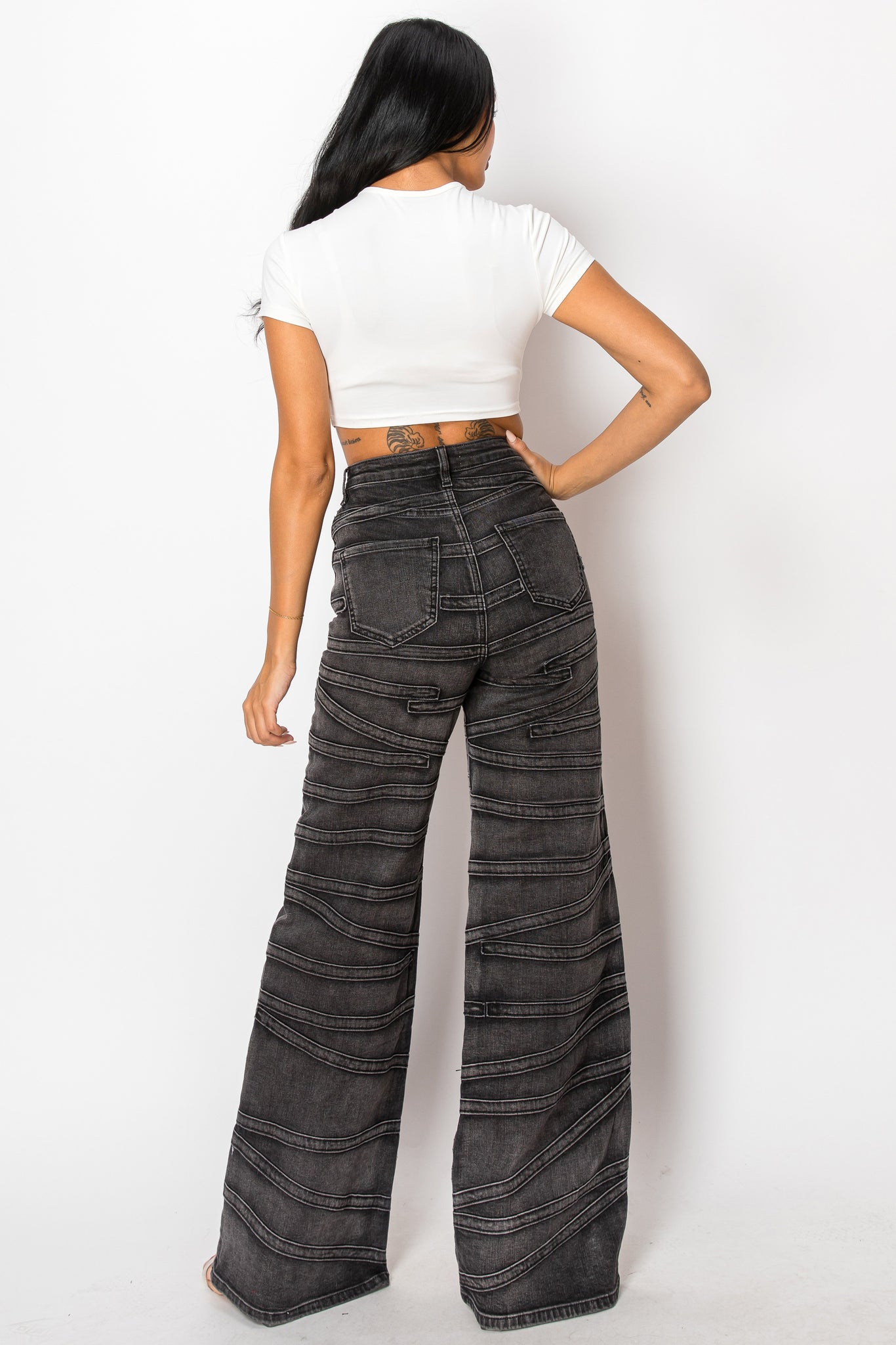 40716 High Rise Strap Illusion Flare Jeans