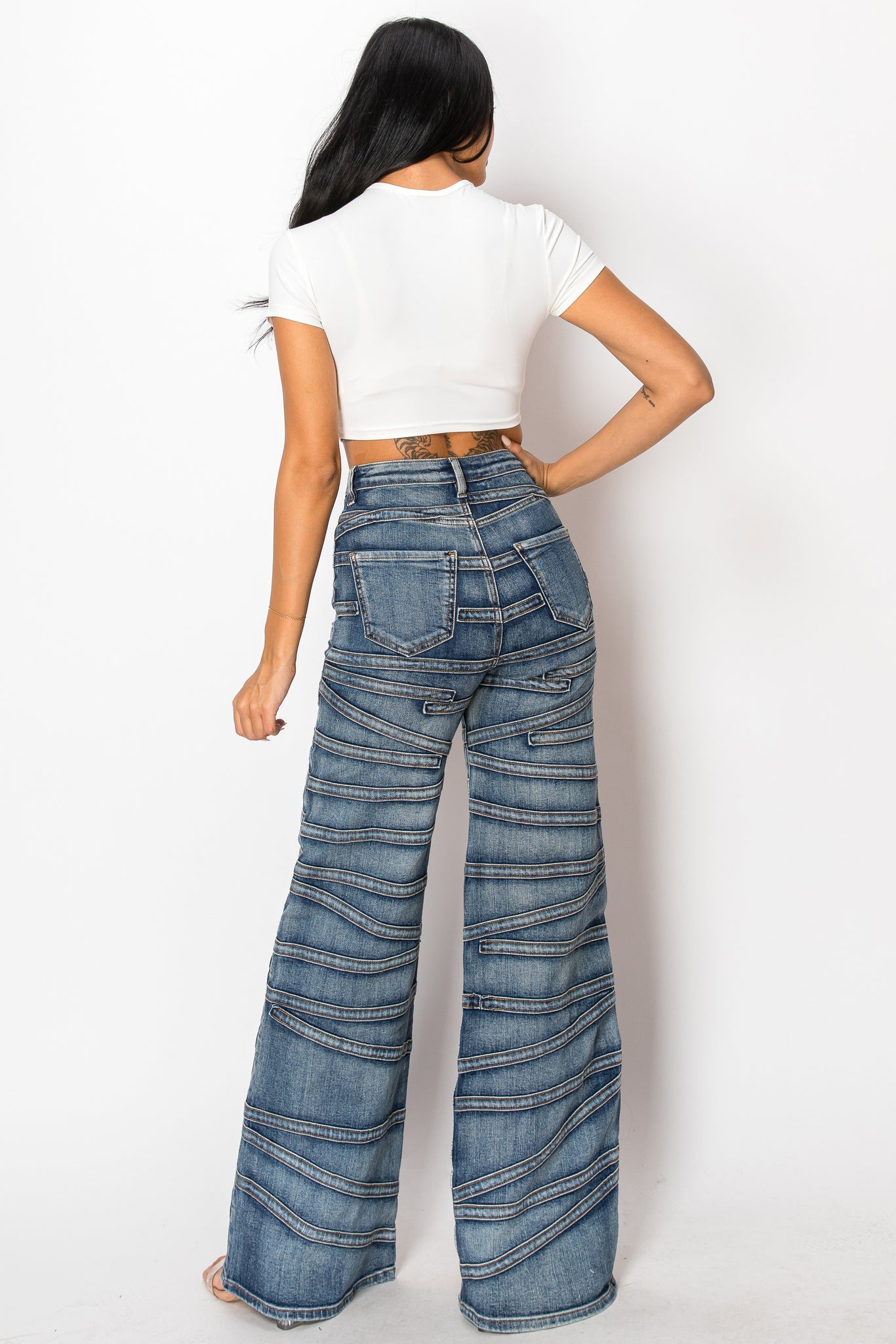 40716 High Rise Strap Illusion Flare Jeans