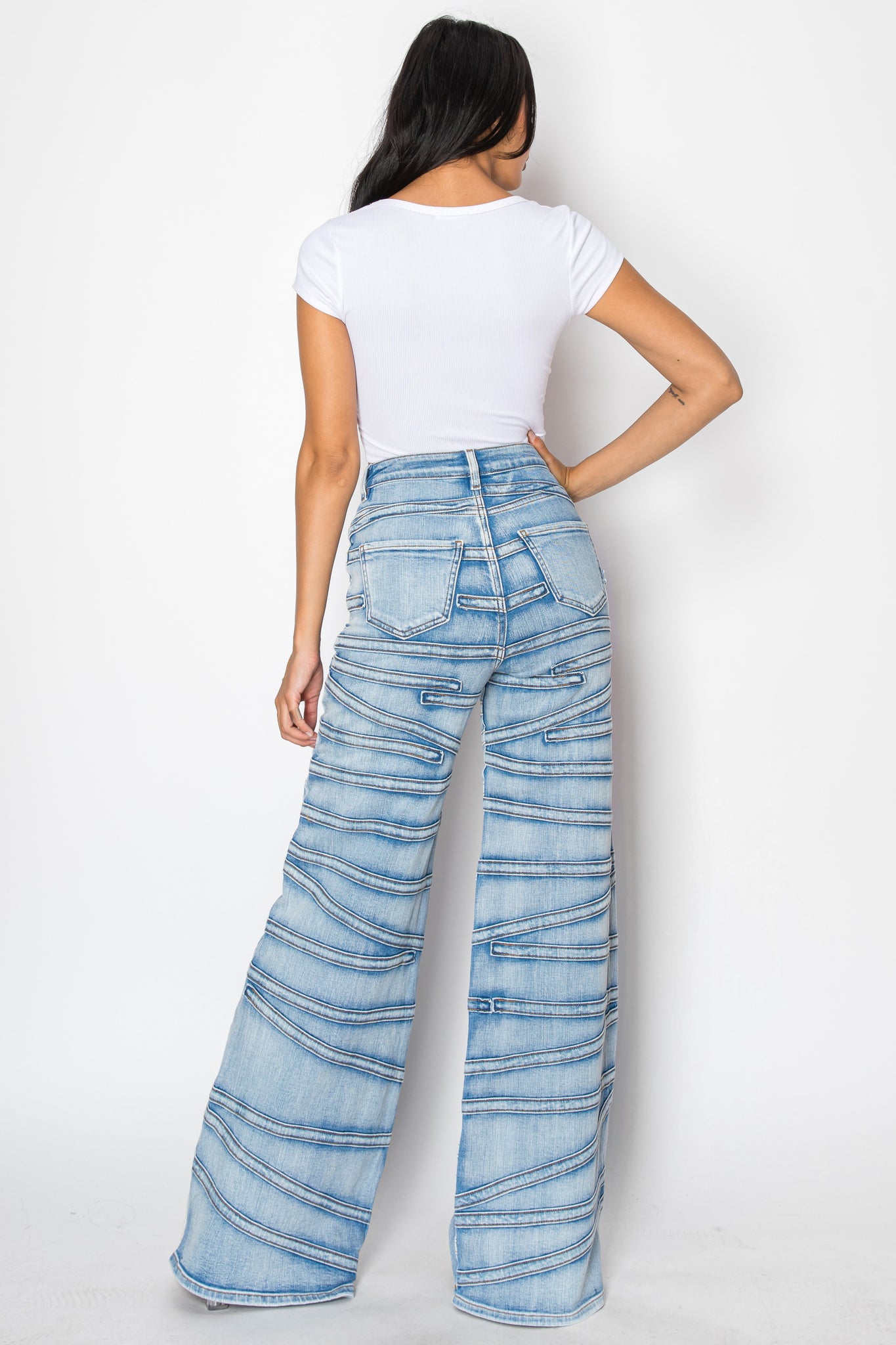 40716 High Rise Strap Illusion Flare Jeans