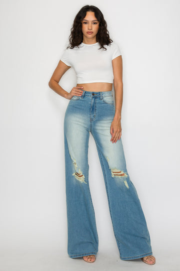 40725 High Rise Wide Leg Jeans W/ Knee Destruction & Light Hand Sanding