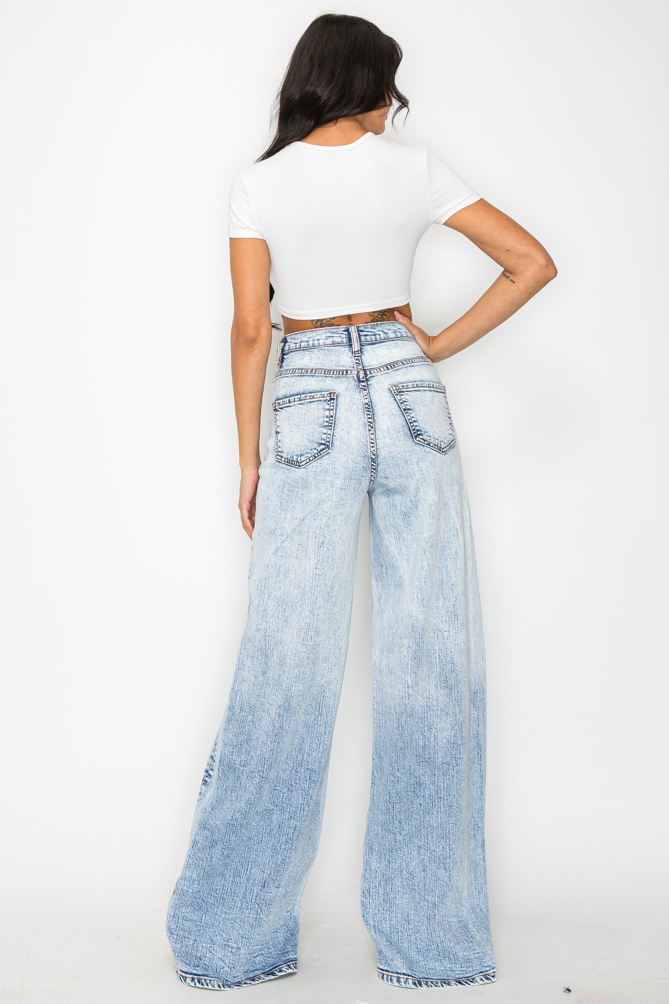 40734 High Rise Acid Washed Down Wide Leg Jeans