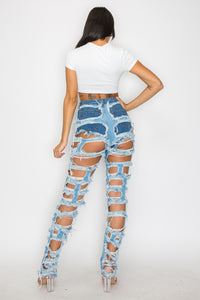 40741 Dual Layer High Rise Destroyed Skinny Jeans W/ Under Shorts