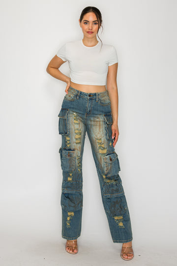 40769 Mid Rise Multi Pocket Cargo Jeans W/ Front Panel Hand Sanding & Destruction
