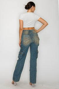 40769 Mid Rise Multi Pocket Cargo Jeans W/ Front Panel Hand Sanding & Destruction
