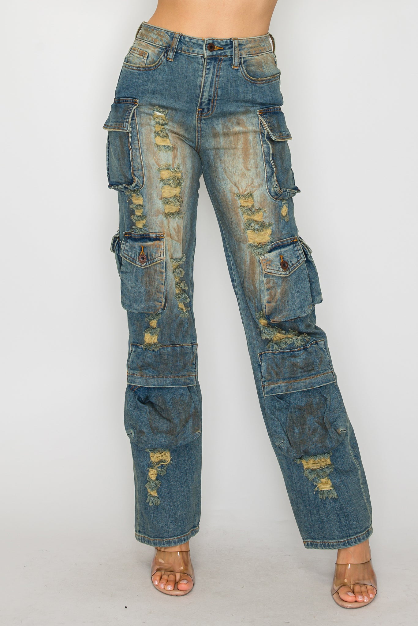 40769 Mid Rise Multi Pocket Cargo Jeans W/ Front Panel Hand Sanding & Destruction