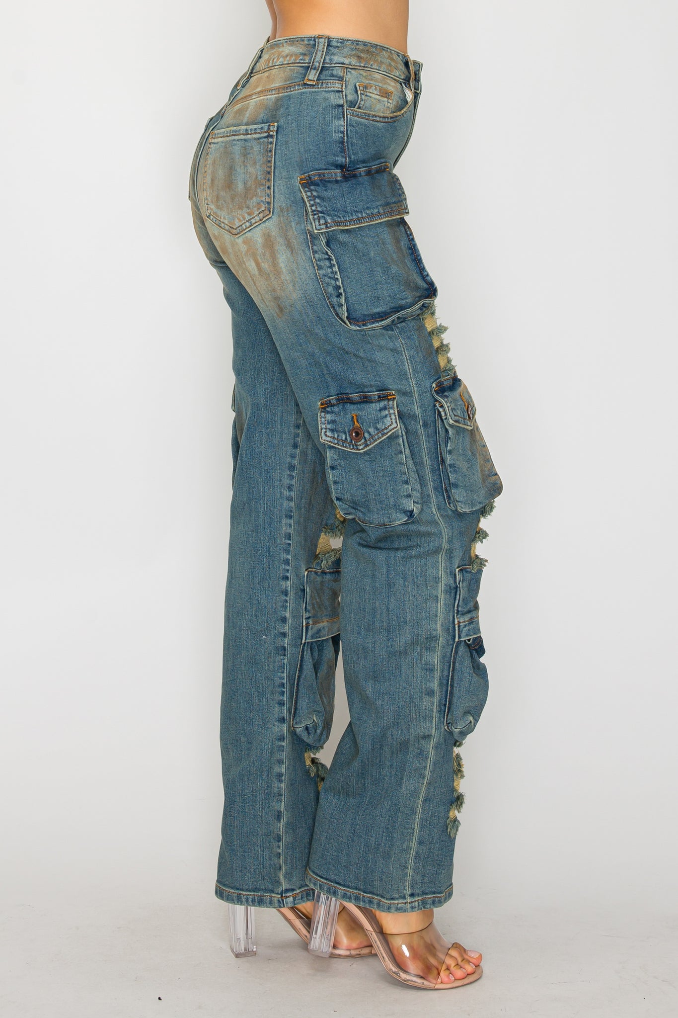 40769 Mid Rise Multi Pocket Cargo Jeans W/ Front Panel Hand Sanding & Destruction