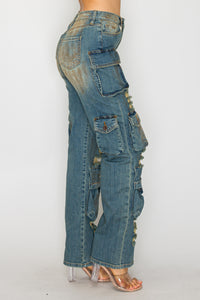 40769 Mid Rise Multi Pocket Cargo Jeans W/ Front Panel Hand Sanding & Destruction