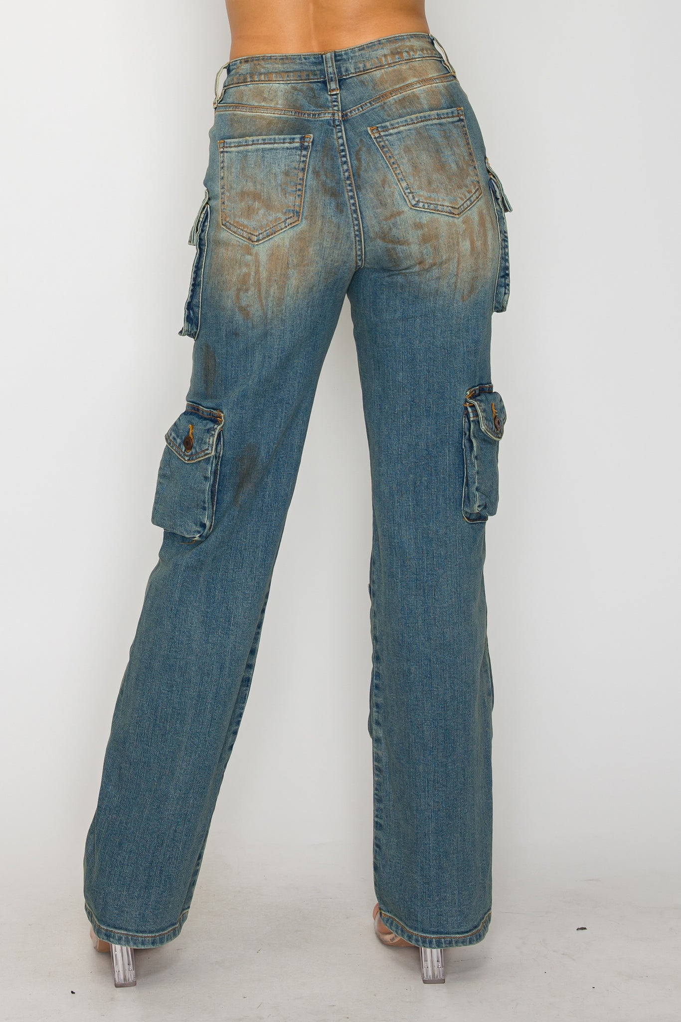 40769 Mid Rise Multi Pocket Cargo Jeans W/ Front Panel Hand Sanding & Destruction