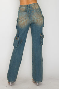 40769 Mid Rise Multi Pocket Cargo Jeans W/ Front Panel Hand Sanding & Destruction
