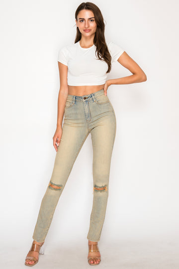 40771 High Rise 5 Pocket Vintage Wash Skinny W/ Sliced Knees