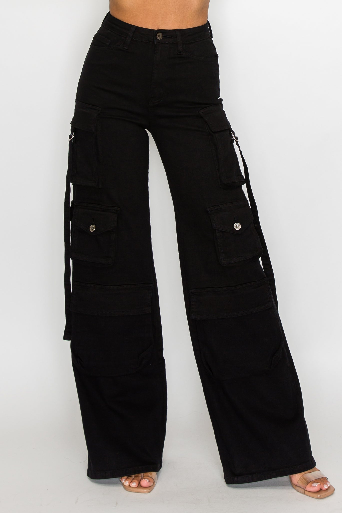 40777 High Rise Straight Leg Cargo Jeans W/ 3-D Pockets & Hanging Straps