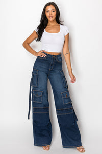 40777 High Rise Straight Leg Cargo Jeans W/ 3-D Pockets & Hanging Straps