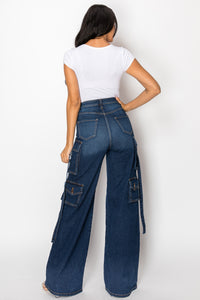 40777 High Rise Straight Leg Cargo Jeans W/ 3-D Pockets & Hanging Straps