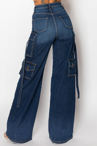 40777 High Rise Straight Leg Cargo Jeans W/ 3-D Pockets & Hanging Straps