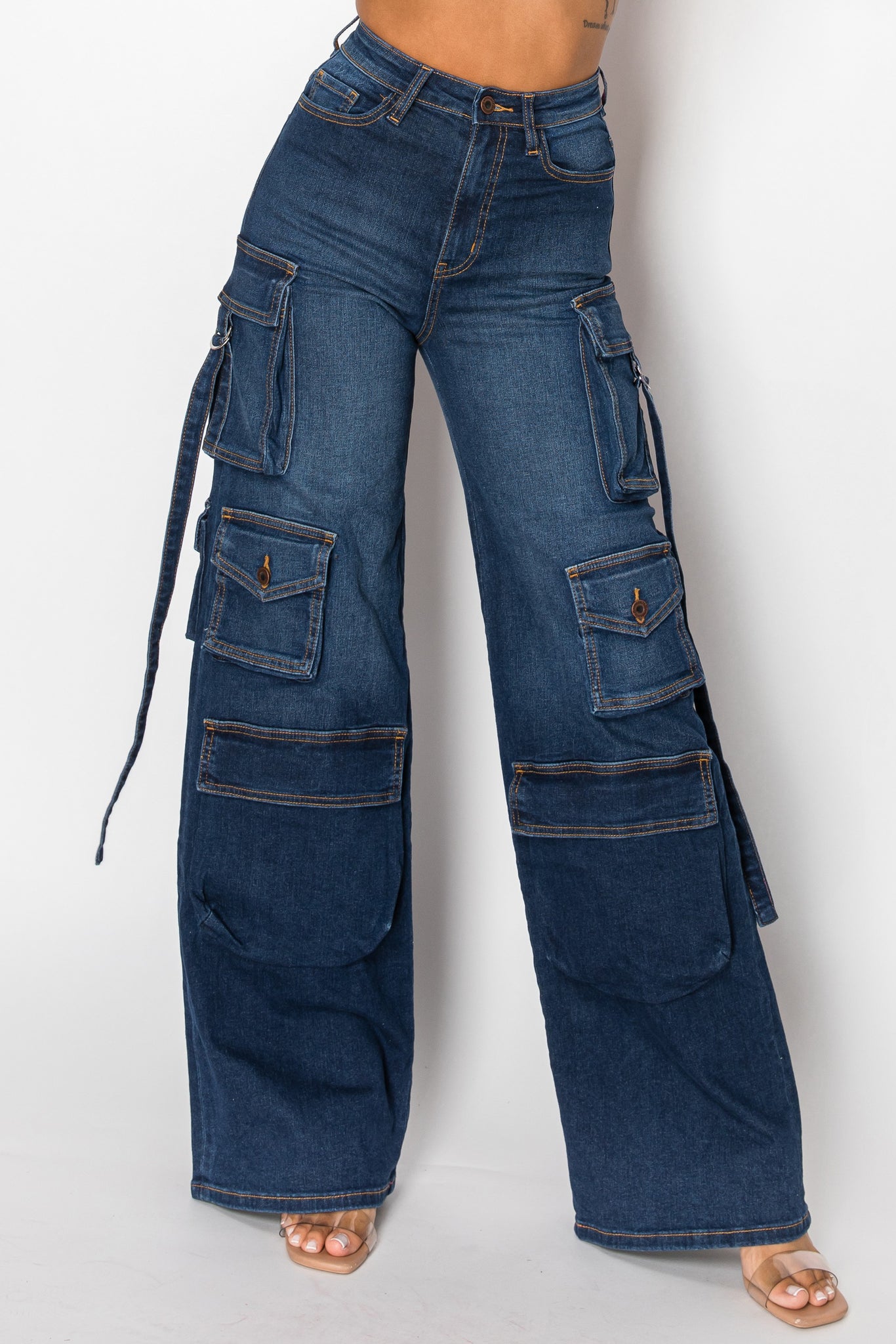 40777 High Rise Straight Leg Cargo Jeans W/ 3-D Pockets & Hanging Straps