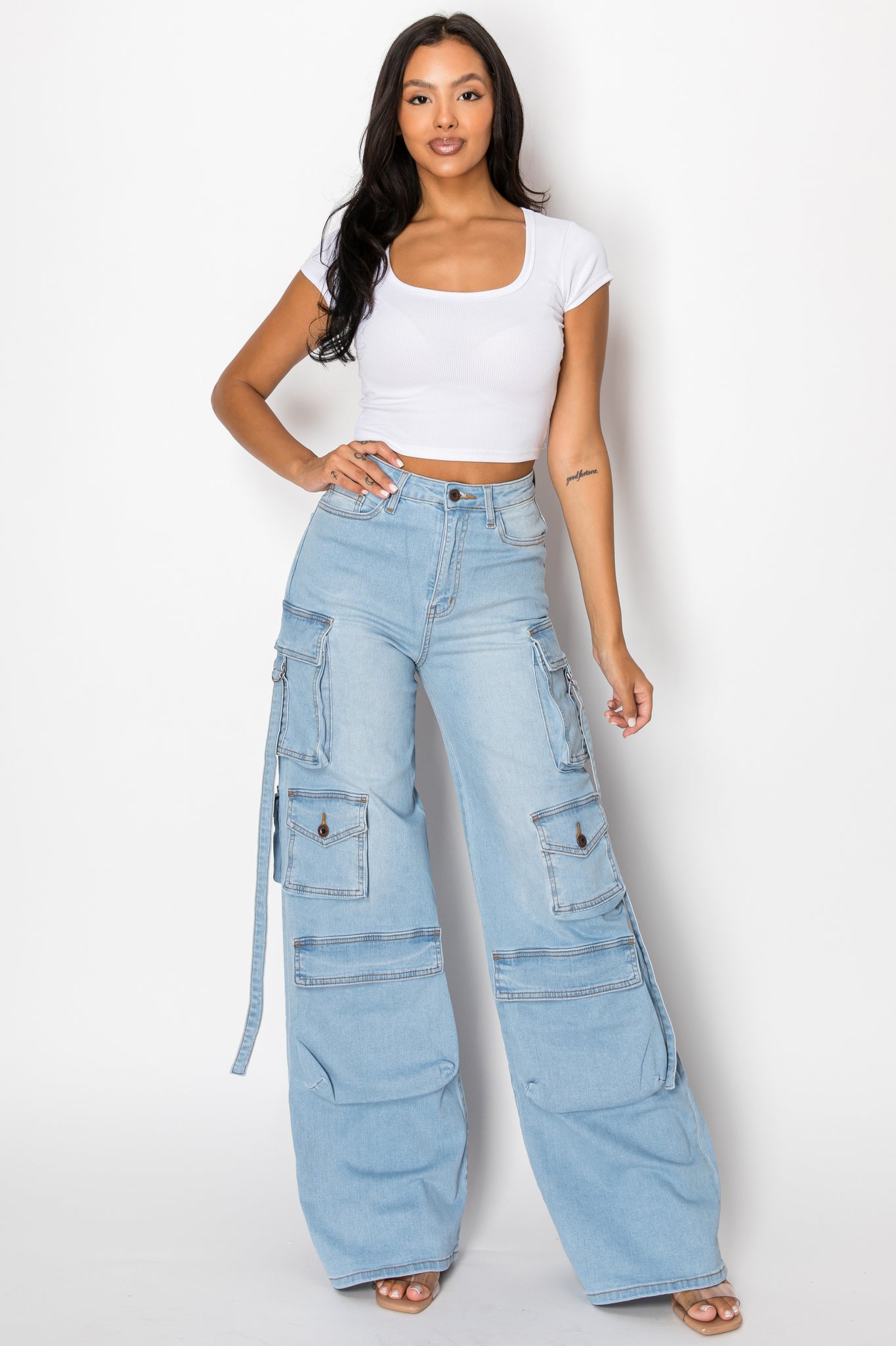 40777 High Rise Straight Leg Cargo Jeans W/ 3-D Pockets & Hanging Straps