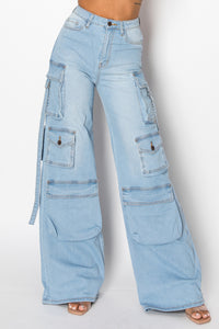 40777 High Rise Straight Leg Cargo Jeans W/ 3-D Pockets & Hanging Straps