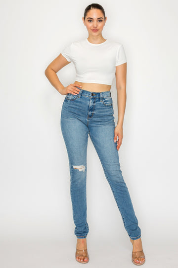 40779 High Rise Skinny Jeans W/ Whiskers, Hand Sanding & Right Knee Grinding