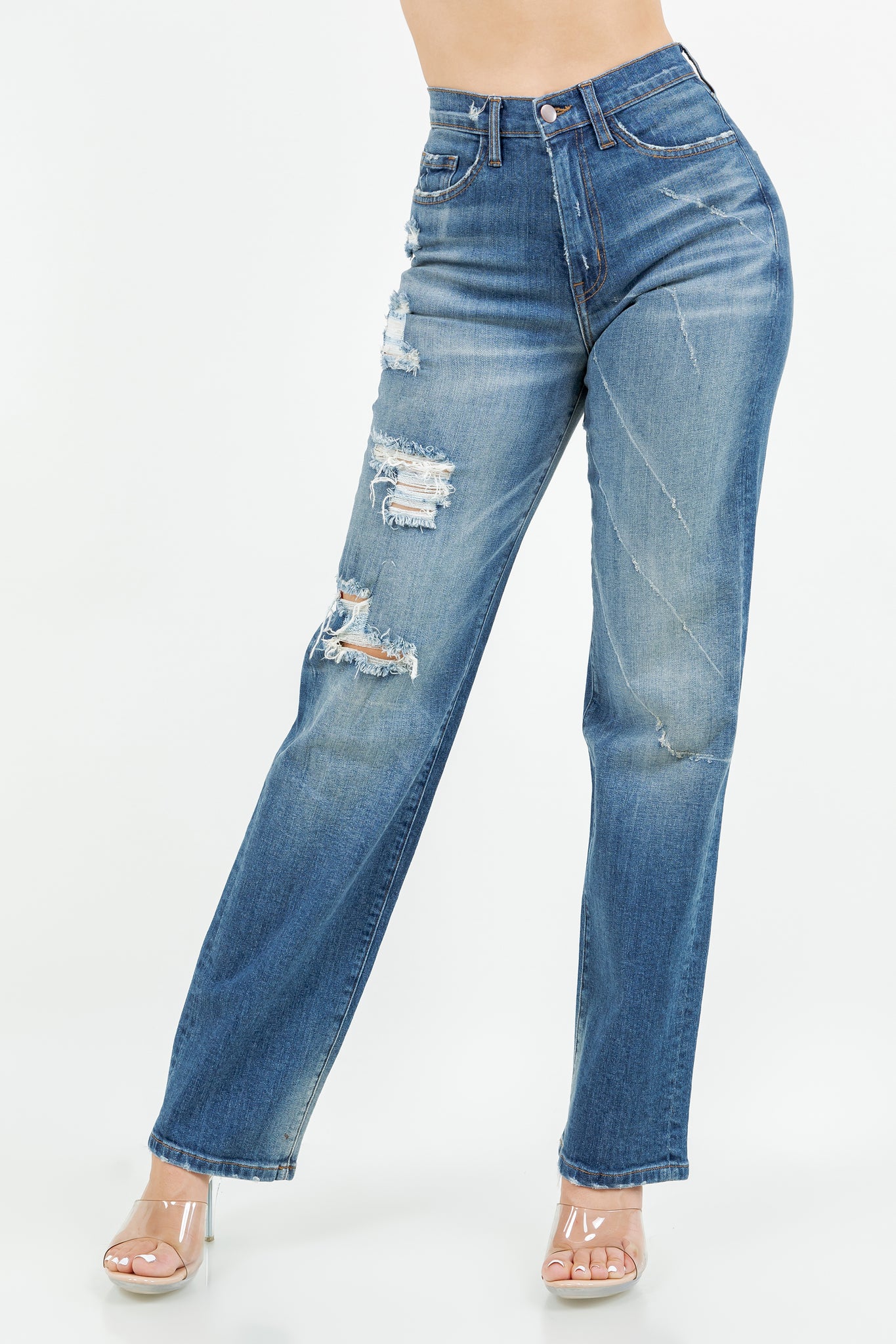 40780 High-Rise Distressed Straight-Leg Jeans