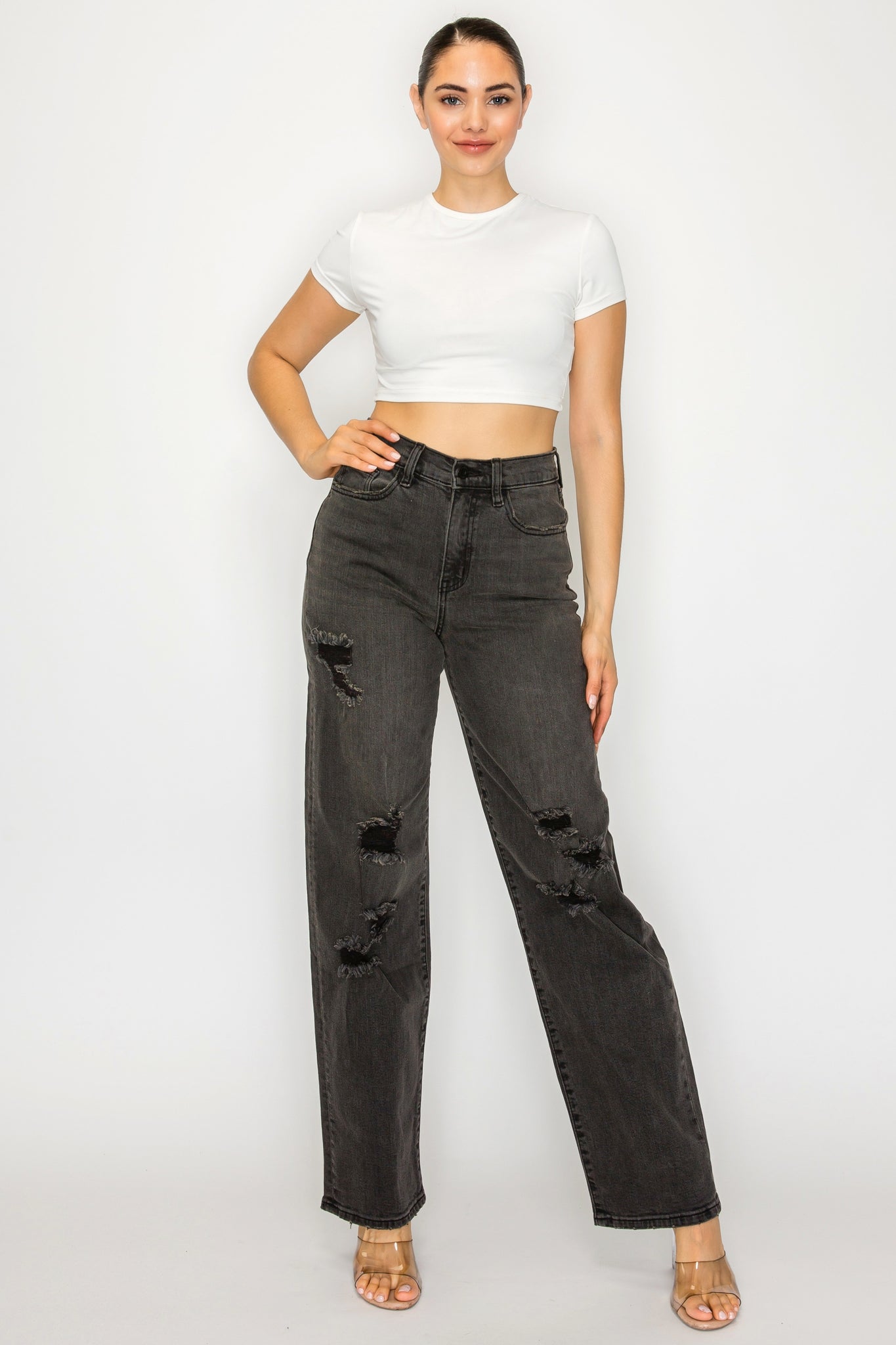 40781 High Rise Straight Leg Jeans W/ Destruction