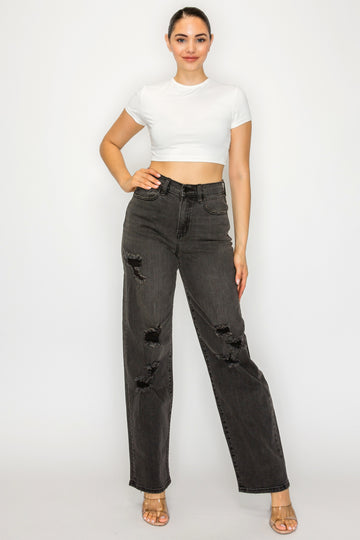 40781 High Rise Straight Leg Jeans W/ Destruction