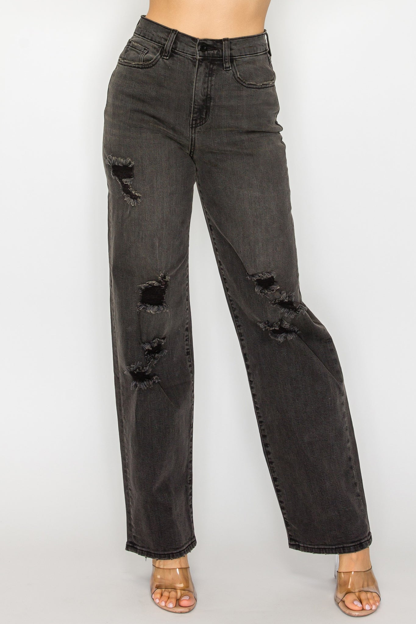 40781 High Rise Straight Leg Jeans W/ Destruction