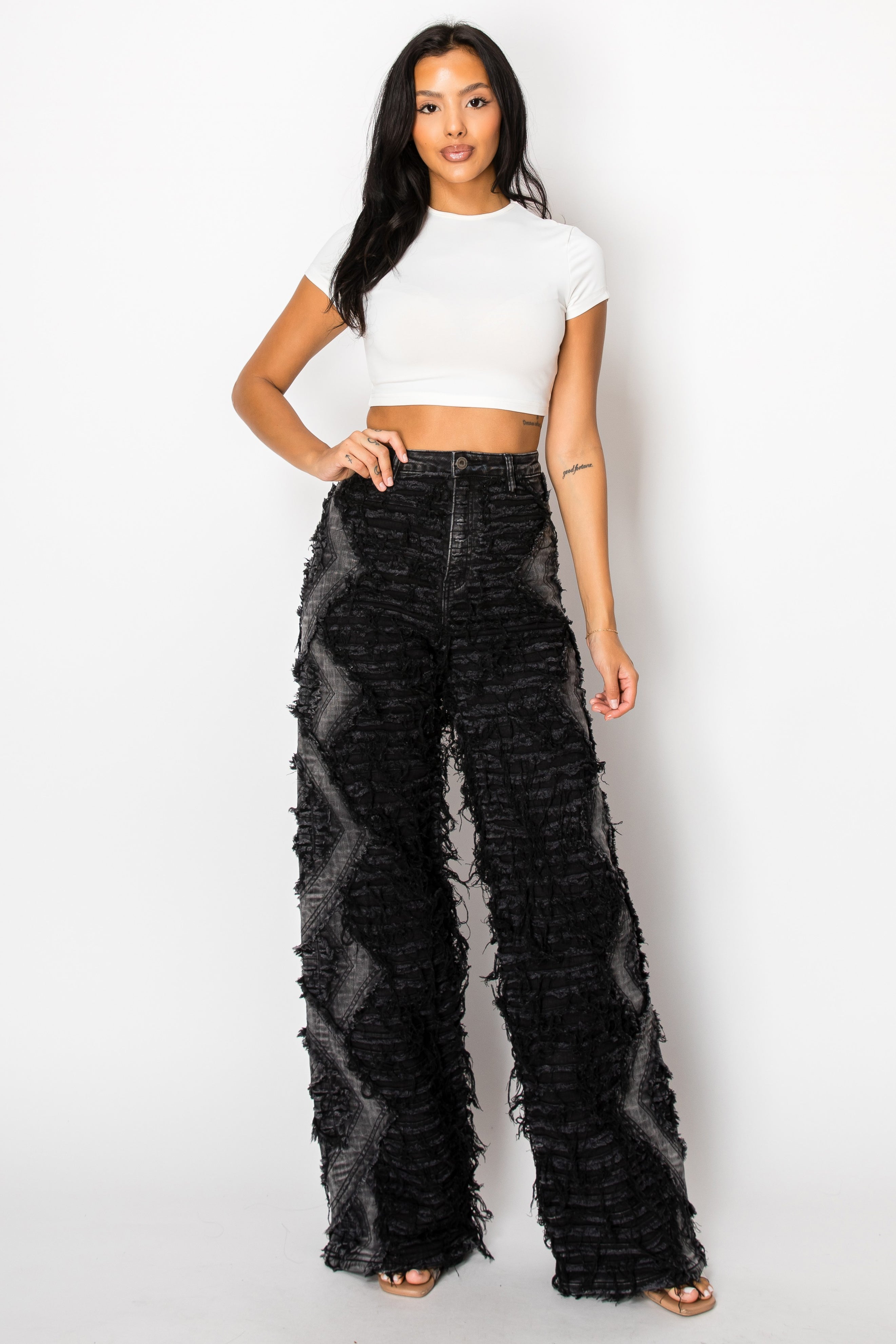 40792 High Rise Dual Layer Wide Leg Shaggy Jeans W/ Helix Outseam Design