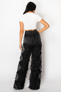 40792 High Rise Dual Layer Wide Leg Shaggy Jeans W/ Helix Outseam Design