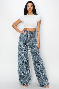 40792 High Rise Dual Layer Wide Leg Shaggy Jeans W/ Helix Outseam Design