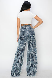 40792 High Rise Dual Layer Wide Leg Shaggy Jeans W/ Helix Outseam Design