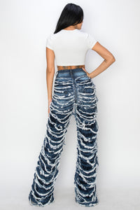 40793 High Rise Dual Layer Wide Leg Fringed and Frayed Jeans