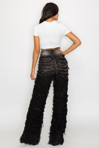 40793 High Rise Dual Layer Wide Leg Fringed and Frayed Jeans