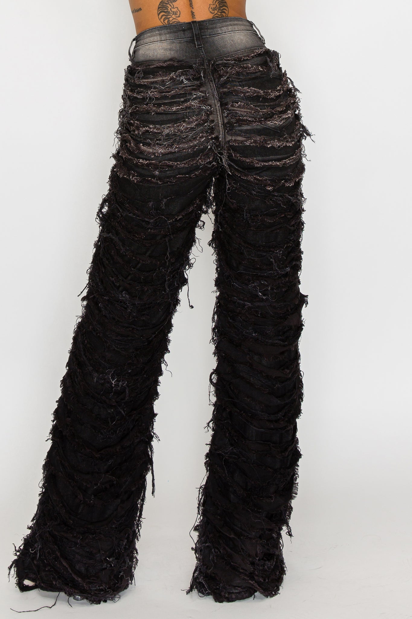 40793 High Rise Dual Layer Wide Leg Fringed and Frayed Jeans